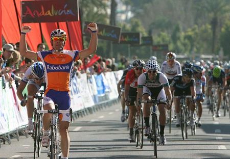 Oscar Freire (Rabobank) celebrates his first win of the 2011 season.