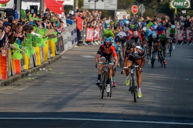 Carlos Betancur (AG2R La Mondiale) sprints to victory from a 3-man break in stage 5 at Paris-Nice