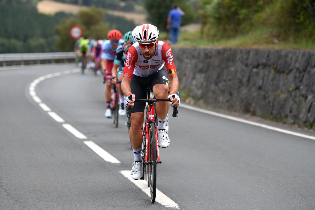 Thomas De Gendt (Lotto Soudal) attacks to make the break of the day on stage 13