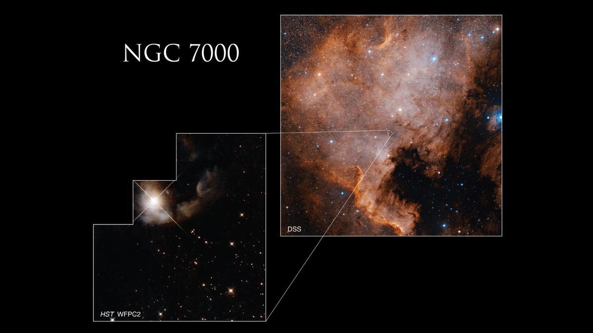 A bright red nebula is shown at the top right of the graphic against a black background, with a larger section blown out at the bottom right.