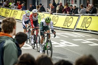 French Alexandre Delettre of TotalEnergies, Dutch Taco Van der Hoorn of Intermarche-Wanty and Spanish Samuel Fernandez of Caja Rural-Seguros RGA pictured in action during the first stage of 83th edition of the Paris-Nice cycling race, from and to Le Perray-en-Yvelines (156,5km), Sunday 09 March 2025. BELGA PHOTO DAVID PINTENS (Photo by DAVID PINTENS / BELGA MAG / Belga via AFP)