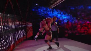 Ryback tackles John Cena into the stage at Extreme Rules 2013