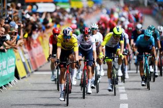 BRIVESCHARENSAC FRANCE JUNE 06 Wout Van Aert of Belgium and Team Jumbo Visma Yellow Leader Jersey reacts after cross the finishing line during the 74th Criterium du Dauphine 2022 Stage 2 a 1698km stage from SaintPray to BrivesCharensac WorldTour Dauphin on June 06 2022 in BrivesCharensac France Photo by Dario BelingheriGetty Images