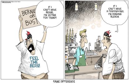 Political cartoon U.S. Bernie supporter at coffee shop