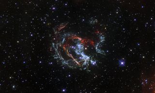 The Hubble Space Telescope spotted a growing, gaseous supernova remnant, known as 1E 0102.2-7219, from a supernova explosion that occurred 1,700 years ago during the fall of the Roman Empire. The star that exploded in the event was from the Small Magellanic Cloud, a satellite galaxy to our own Milky Way Galaxy located about 200,000 light-years away. At the time of the supernova event, people living in Earth's southern hemisphere would have been able to see the light coming from this blast, though there are no known records of the event from humans on Earth.