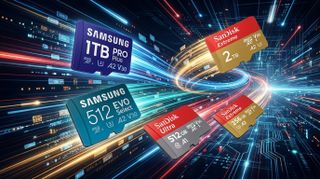 AI-generated hero image of several microSD memory cards from SanDisk and Samsung