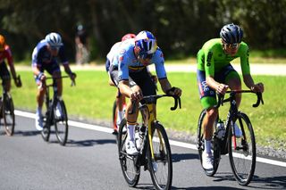 WOLLONGONG AUSTRALIA SEPTEMBER 25 Wout Van Aert of Belgium and Tadej Pogaar of Slovenia compete during the 95th UCI Road World Championships 2022 Men Elite Road Race a 2669km race from Helensburgh to Wollongong Wollongong2022 on September 25 2022 in Wollongong Australia Photo by Tim de WaeleGetty Images