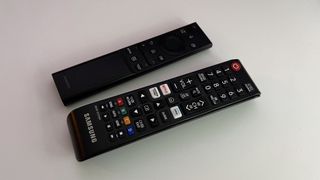 The Samsung The Frame TV 2021 remotes pictured on a white background.