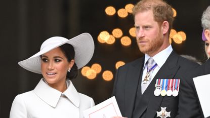 Meghan, Duchess of Sussex and Prince Harry, Duke of Sussex attend the National Service of Thanksgiving at St Paul's Cathedral on June 03, 2022 in London, England. The Platinum Jubilee of Elizabeth II is being celebrated from June 2 to June 5, 2022, in the UK and Commonwealth to mark the 70th anniversary of the accession of Queen Elizabeth II on 6 February 1952. 