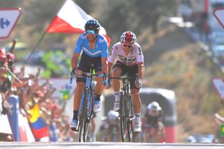 Alejandro Valverde (Movistar) tops Michal Kwiatkowski (Sky) in the sprint