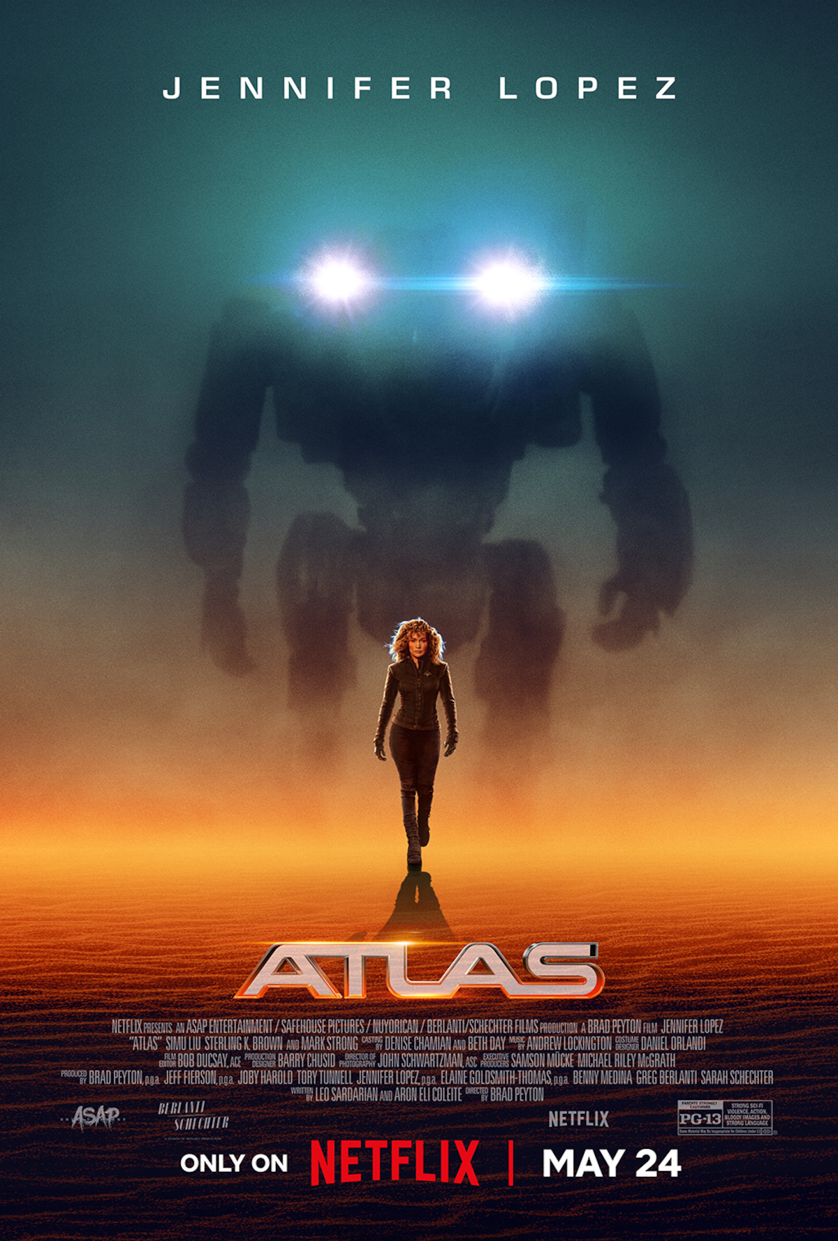 A woman in a black tank top looks fearfulness as she confidently strides forwards. Behind her is a giant mech robot.