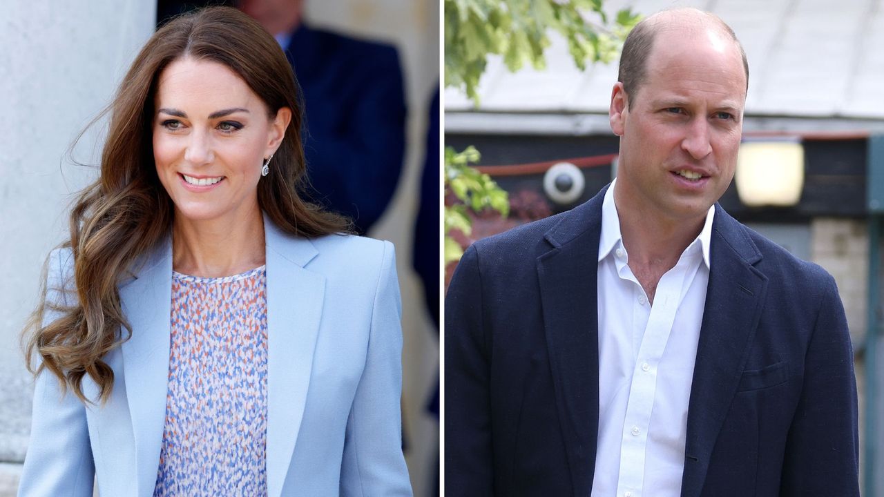 Composite of a picture of Kate Middleton, wearing a dress and blue blazer, at the Fitzwilliam Museum in 2022 and Prince William in a suit at Mosaic Clubhouse in Lambeth on June 26, 2023