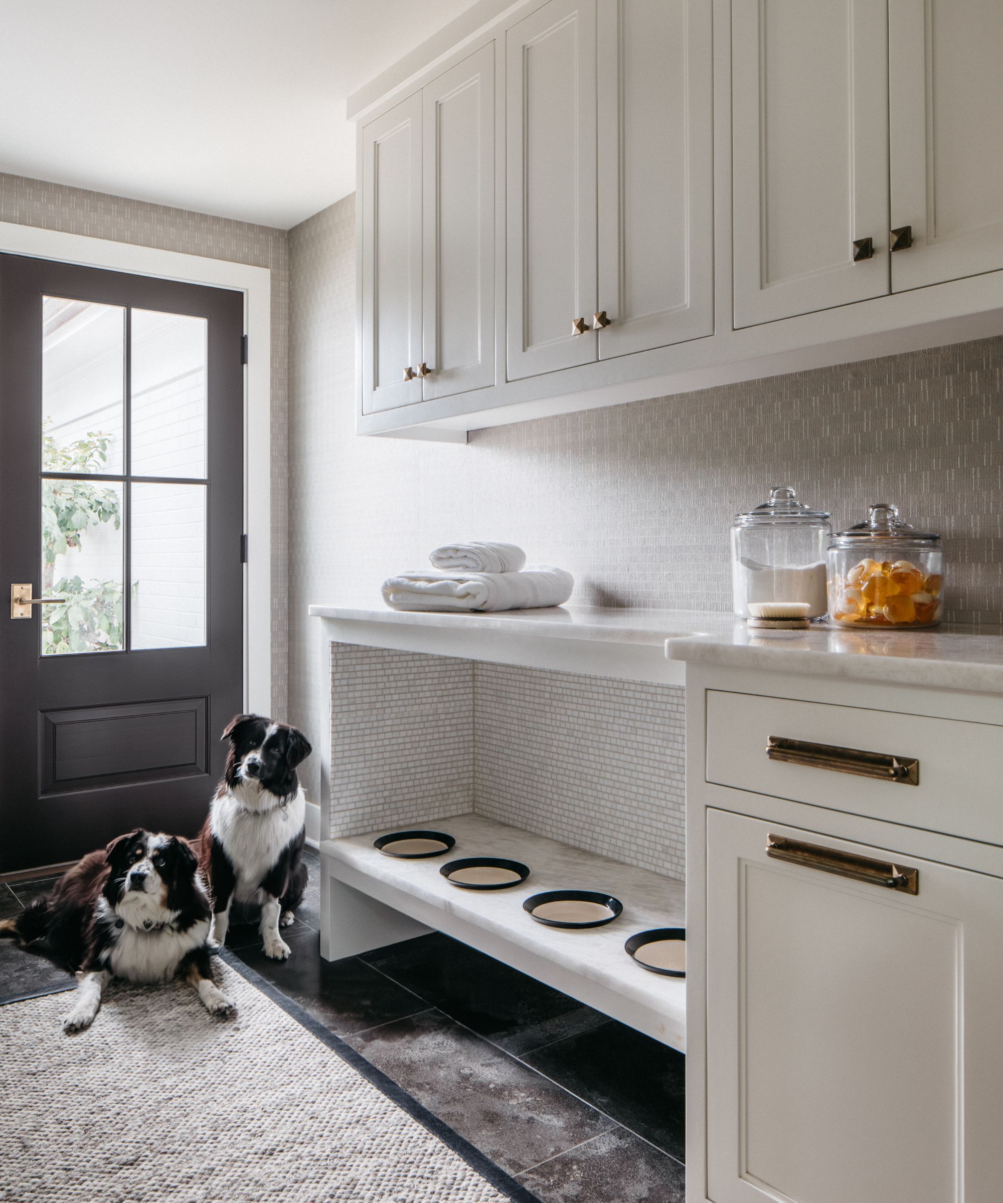a white mudroom with cabinetry and a built in dog bowl zone with two border collie dogs sat on the floor