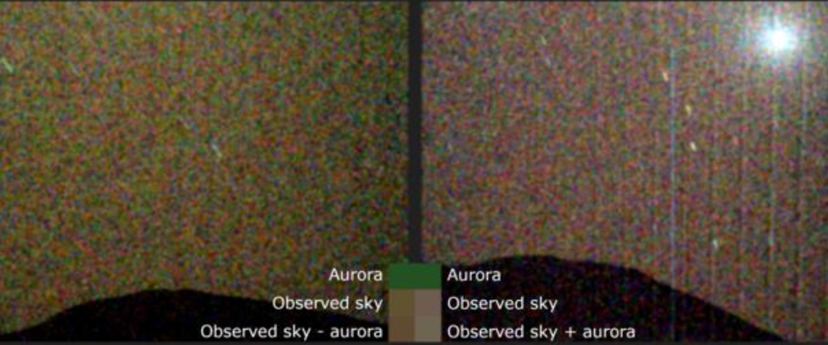 A photo of mars night sky split into two, with green auroras visible on the left and the glare of Phobos on the right