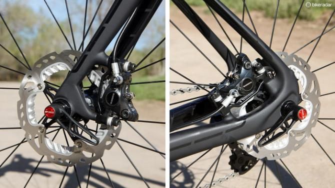 160mm-diameter rotors come standard on the Trek Domane but both ends are compatible with 140mm discs