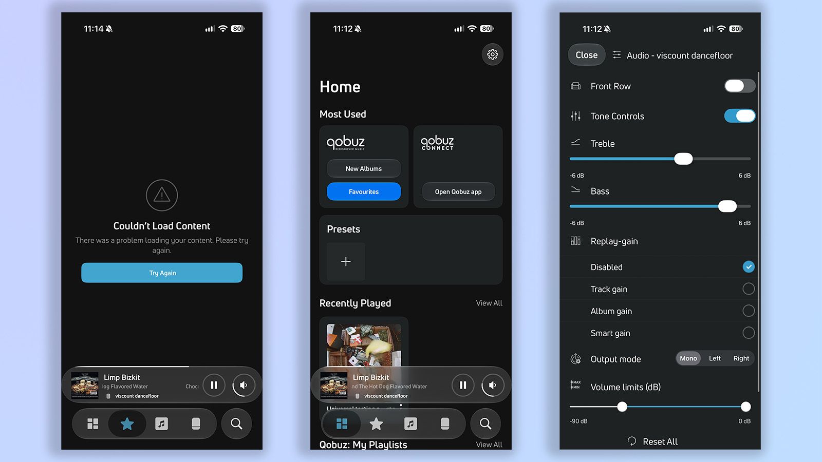 three screenshots from the bluOS app showing usability with the bluesound pulse flex speaker