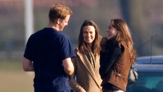 Prince William talks with Kate Middleton and her sister Pippa Middleton after playing the Field Game in an old boys match at Eton College on March 18, 2006 in Eton, England