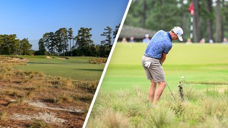 13th hole at Pinehurst No.2, host venue for the US Open, and Justin Thomas playing a shot into the green in a practice round