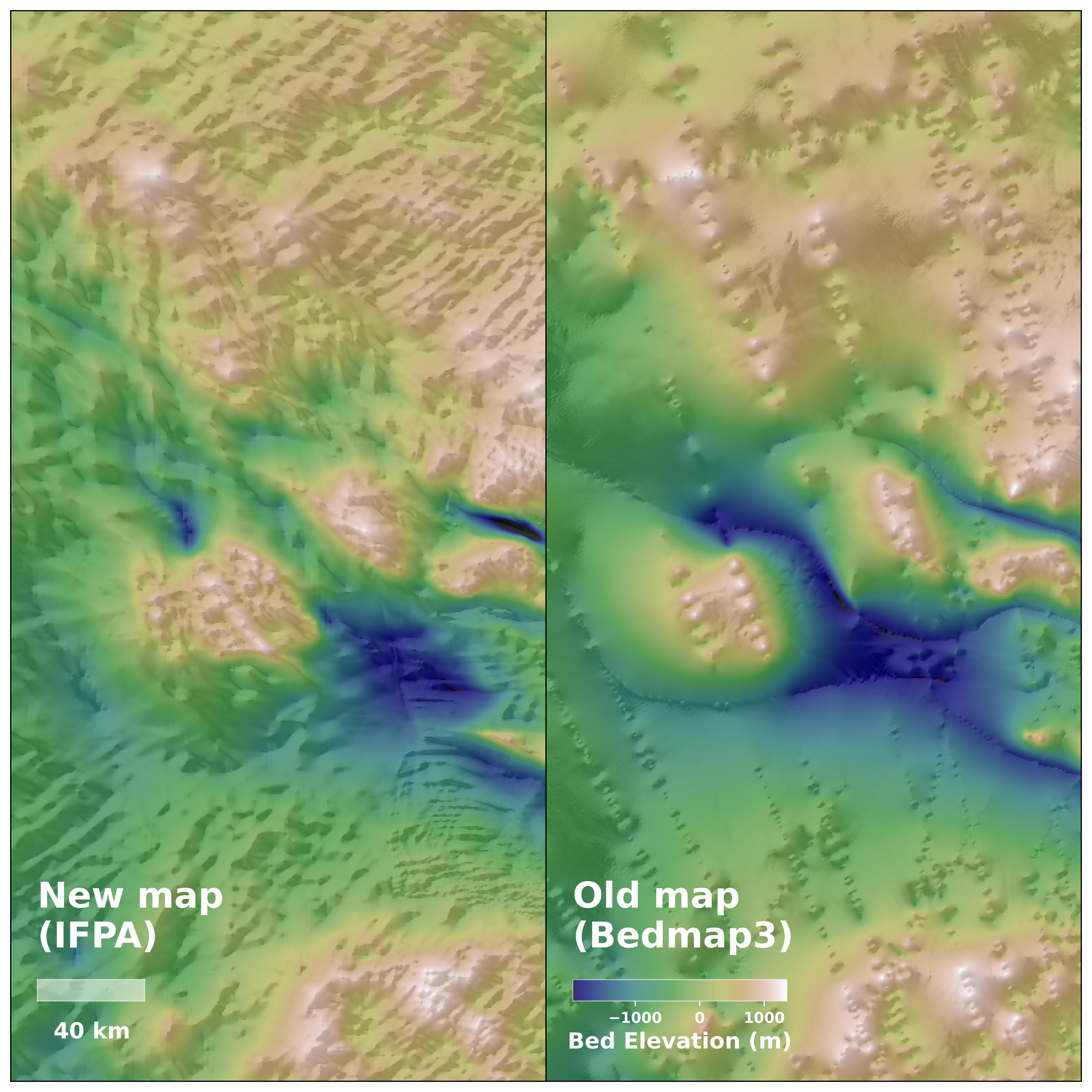 The new IFPA topography map reveals new features in the landscape beneath Antarctica, from hills and ridges to details of entire mountain ranges, and fills in gaps between radar survey lines.