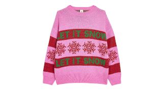 best Christmas jumpers illustrated by a pink, green and red jumper featuring snowflakes and the type Let It Snow