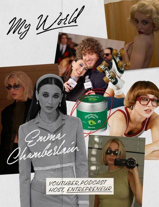 a collage of images featuring Emma Chamberlain and her work, her personal style and wardrobe, and her interior design taste