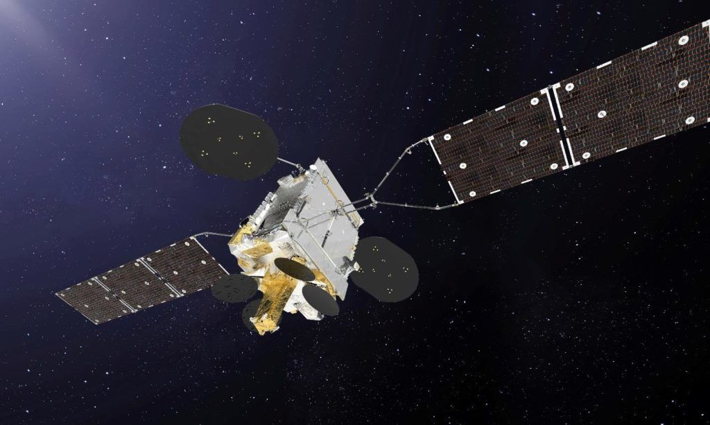 An artist's illustration of the Inmarsat GX5 satellite in orbit.