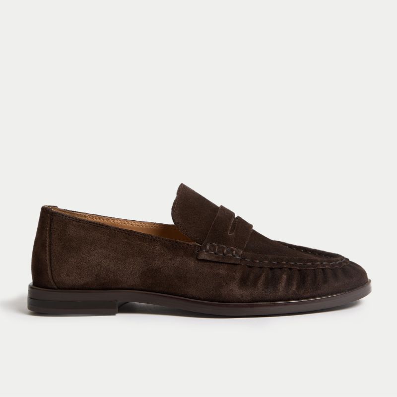 A cutout of brown suede M&amp;amp;S loafers
