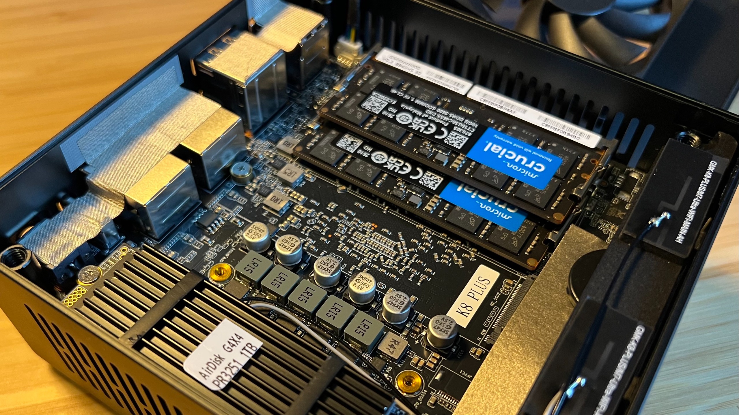 Close up inside main body of GMKTec K8 Plus mini PC, showing internal components