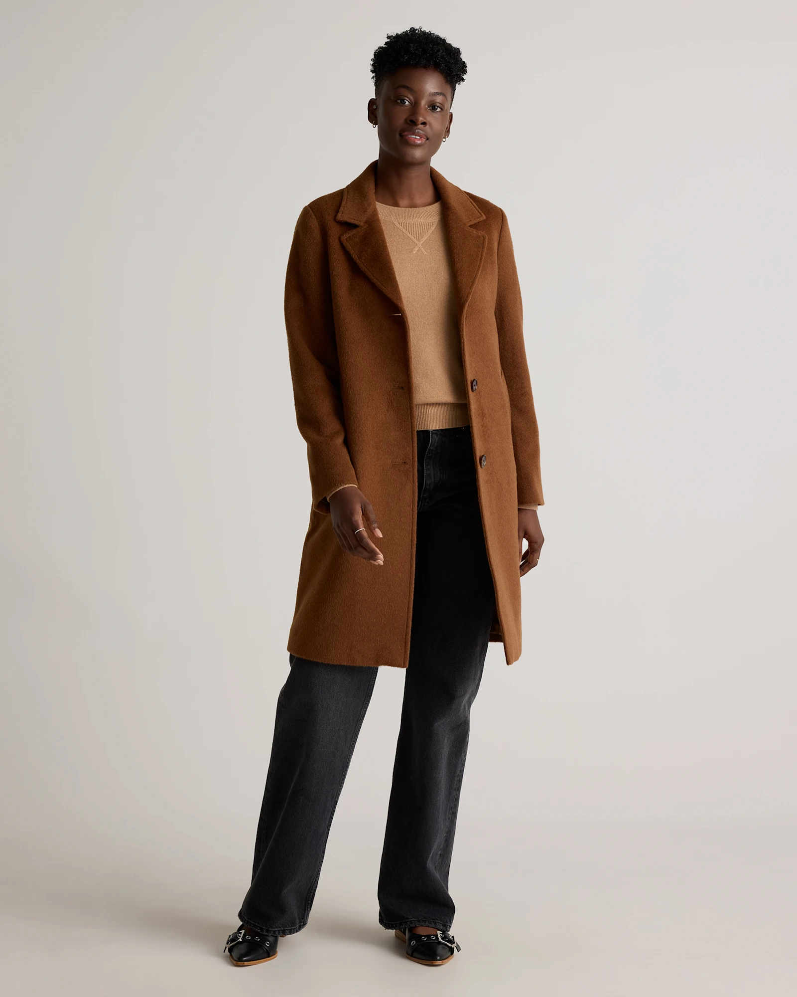 Camel Hair Single-Breasted Midi Coat in Vicuna, Size Xs