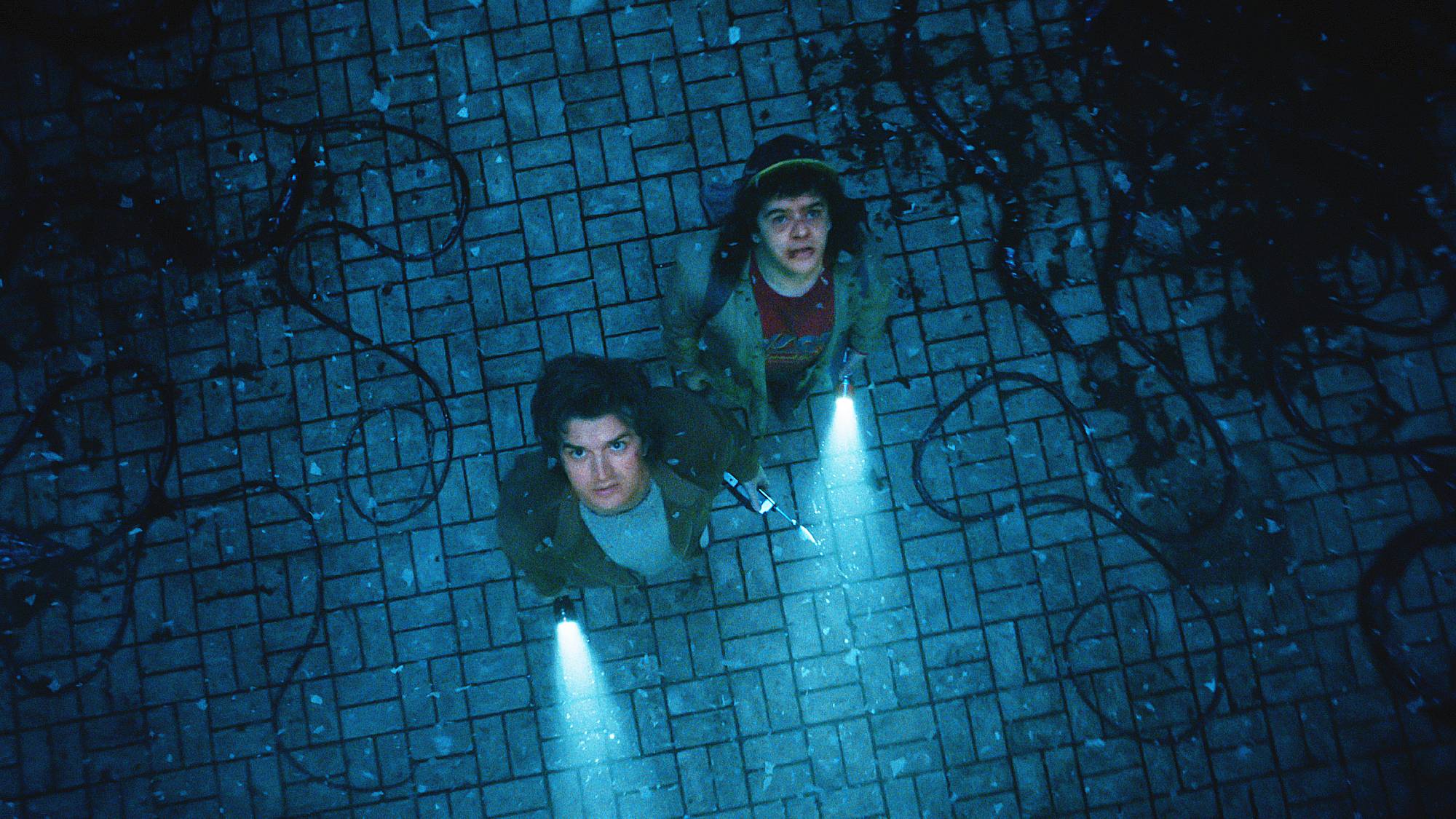 Joe Keery as Steve Harrington and Gaten Matarazzo as Dustin Henderson in 