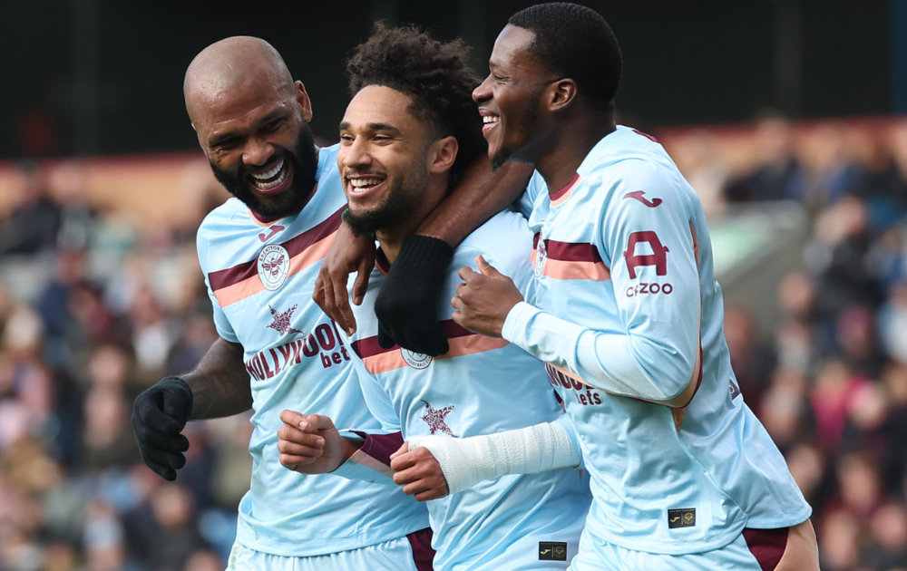  Kevin Schade of Brentford (C) celebrates scoring his team's third goal during the Premier League match between Burnley and Brentford at Turf Moor on February 28, 2026 in Burnley, England. 
