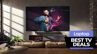 Best TV deals, LG C3 wall mounted in a living room with singer on display