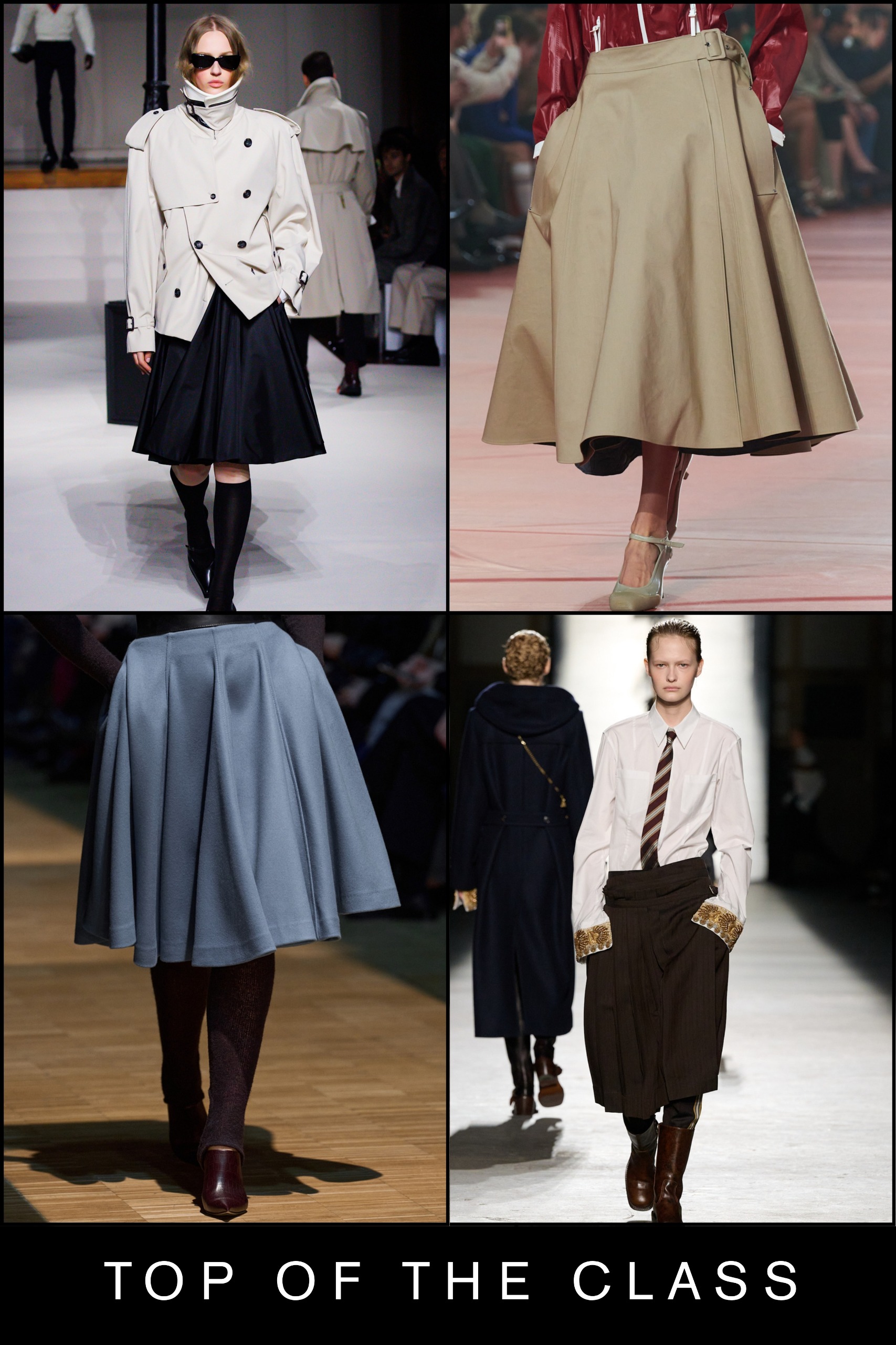 anti-trouser trends: collage of runway images from Dries Van Noten, Situationist, Kent and Curwen, and Lacoste school skirts