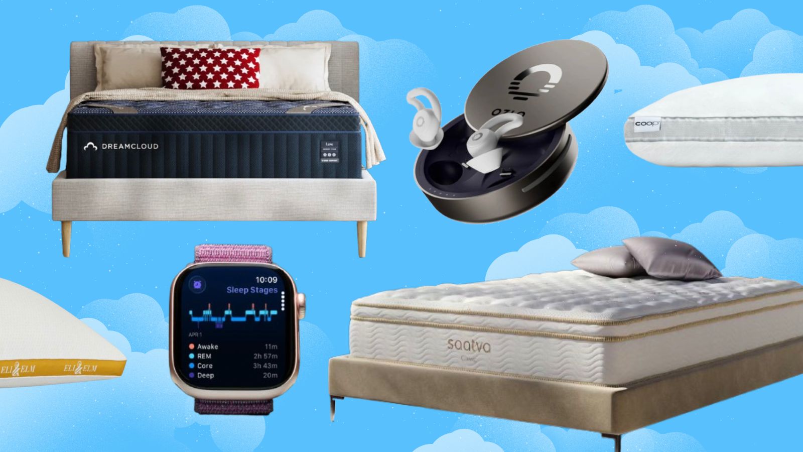A series of sleep-focused products against a blue sky background. Clockwise: the DreamCloud mattress, Ozlo Sleepbuds, Coop Sleep Goods Pillow, Saatva Mattress, Apple Watch