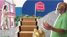 A collage image showing a man and a woman buying or selling homes