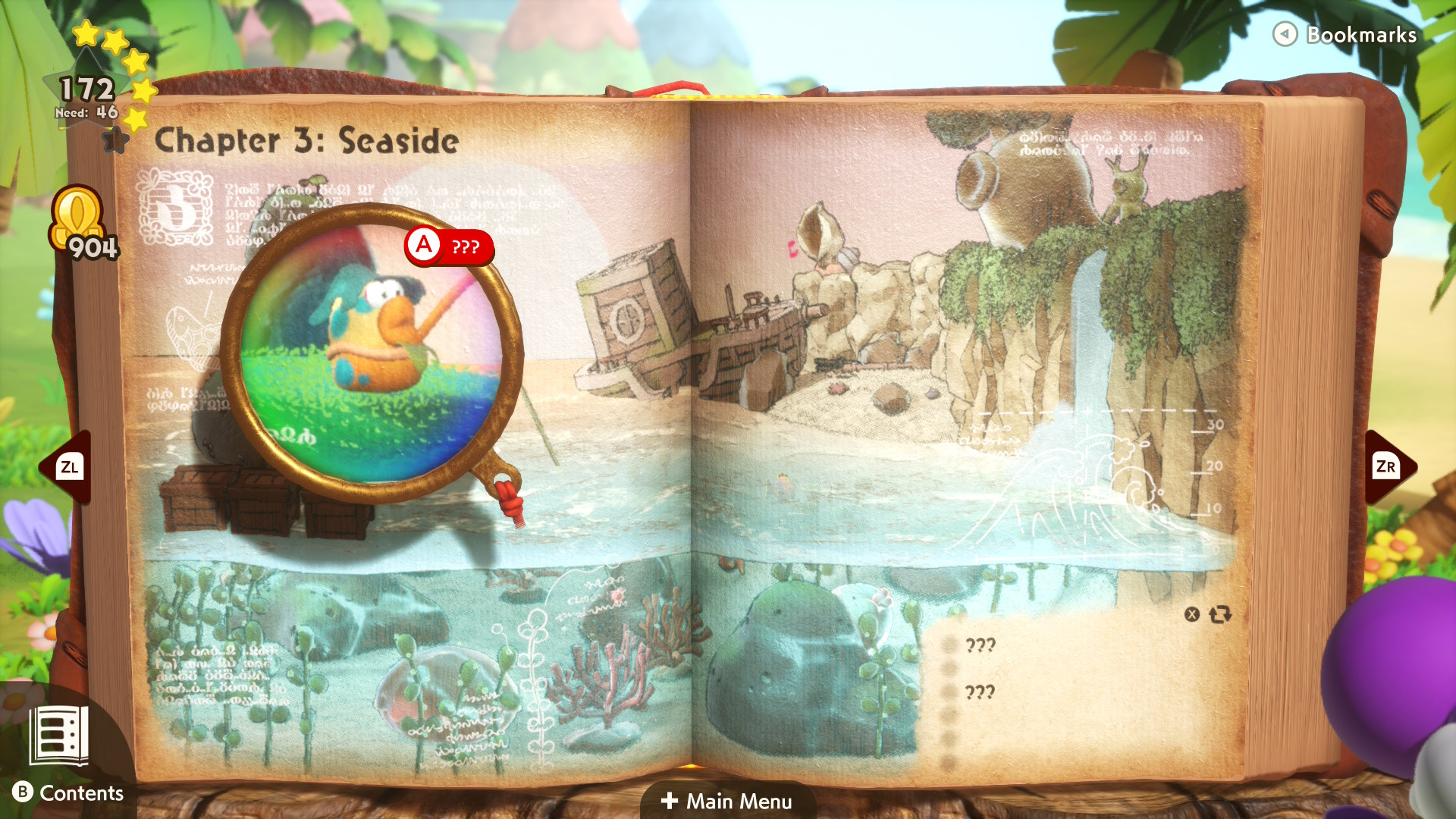 In Yoshi and the Mysterious Book, a magnifying glass hovers over a creature in Chapter 3: Seaside