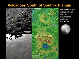 The locations of two mountains on Pluto that may actually be icy volcanoes are shown in this montage of images from NASA's New Horizons spacecraft captured during its July 2015 flyby. The new images were unveiled Nov. 9.