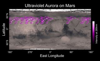 Map of auroras on Mars detected by the Imaging UltraViolet Spectrograph instrument aboard NASA's MAVEN probe in December 2014. The aurora was widespread in the Red Planet's northern hemisphere.