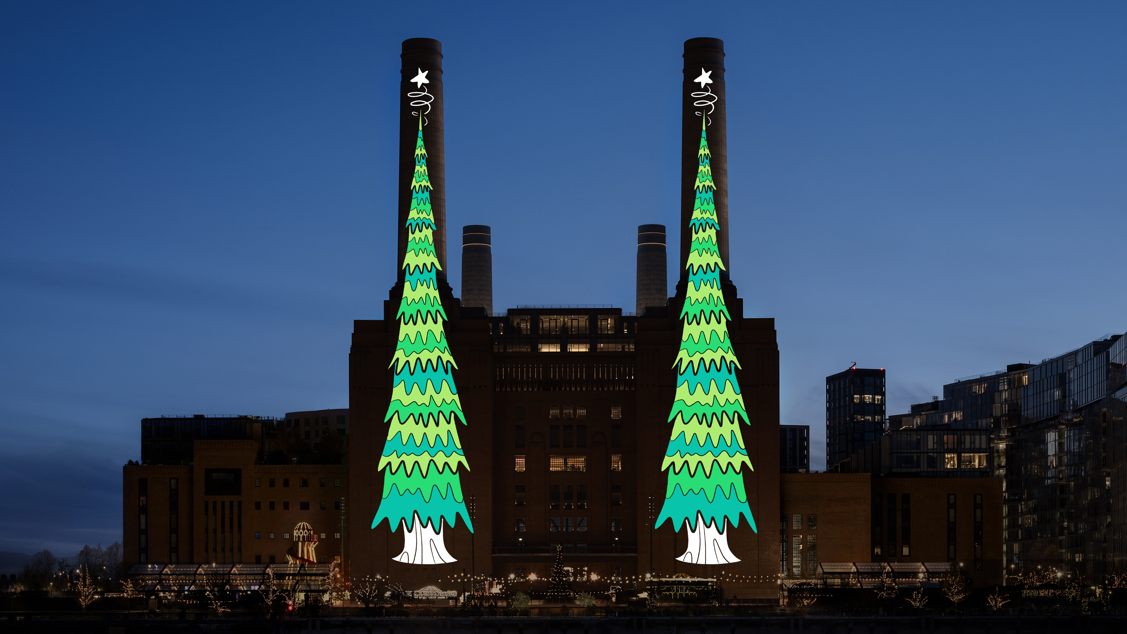 Apple projections of Christmas tree onto Battesea Power Station