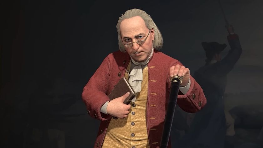 Benjamin Franklin clutches a book and points at the camera with his cane.