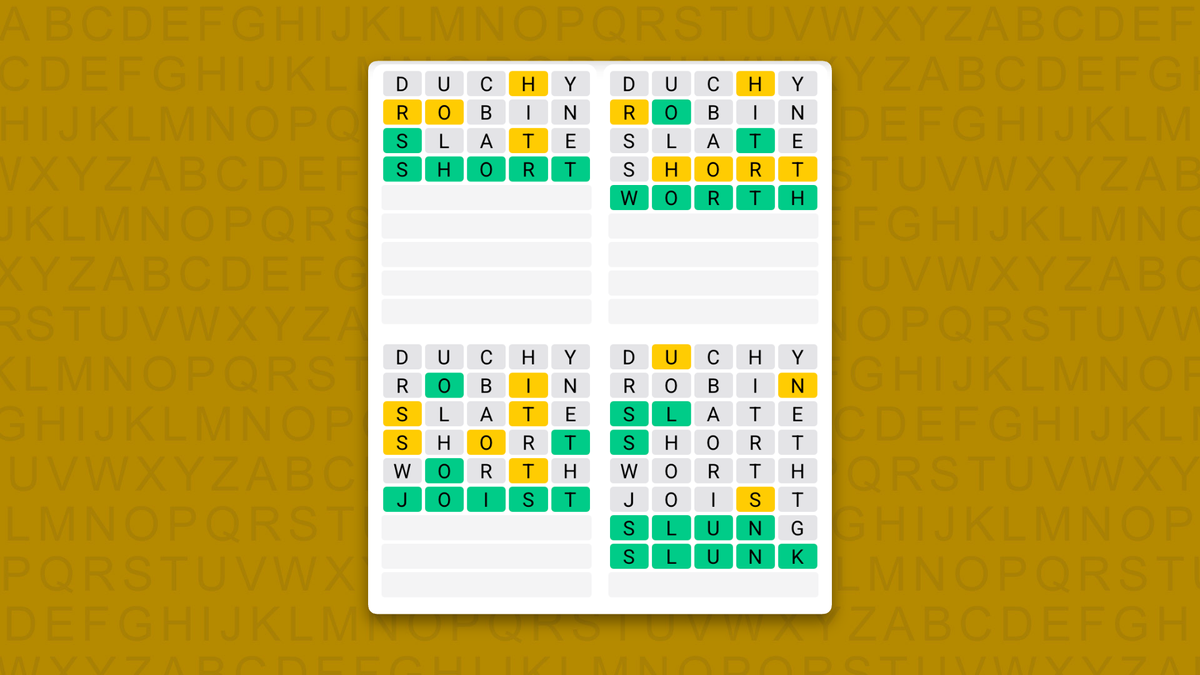 Quordle answers for game 1726 on a yellow background