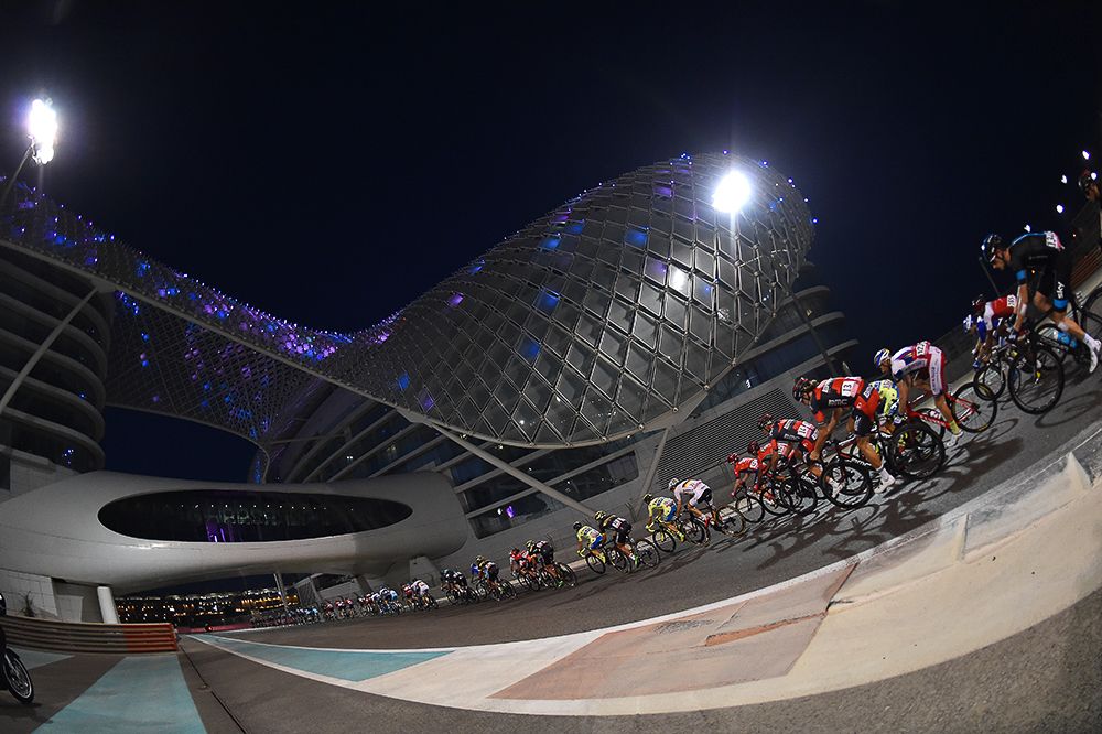 The Abu Dhabi peloton in action at the Yas Marina Formula One track.