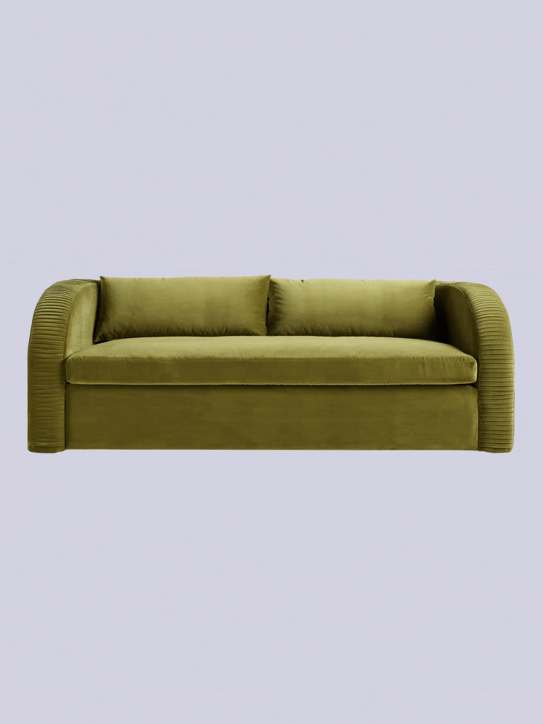 A GIF of a velvet three-seater sofa bed from Anthropologie
