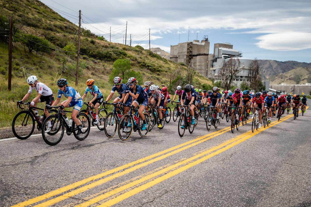 The main group bunches up heading into the final laps of stage 3 of the Colorado Classic on August 24, 2019 in Golden, Colorado
