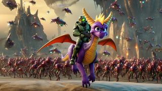 Spyro the Dragon and Master Chief battle on an alien world