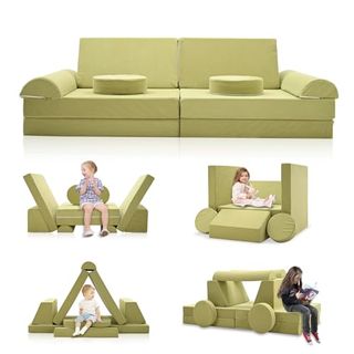 Sunyrisy Corduroy Modular Kids Play Couch Set, 10pcs Kids Couch for Playroom and Bedroom, Soft Foam Toddler Couch, Child Sectional Convertible Creative Floor Sofa Gift for Boys Girls, Sage Green