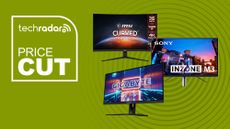 Three PS5 gaming monitors on a green background with white price cut messaging