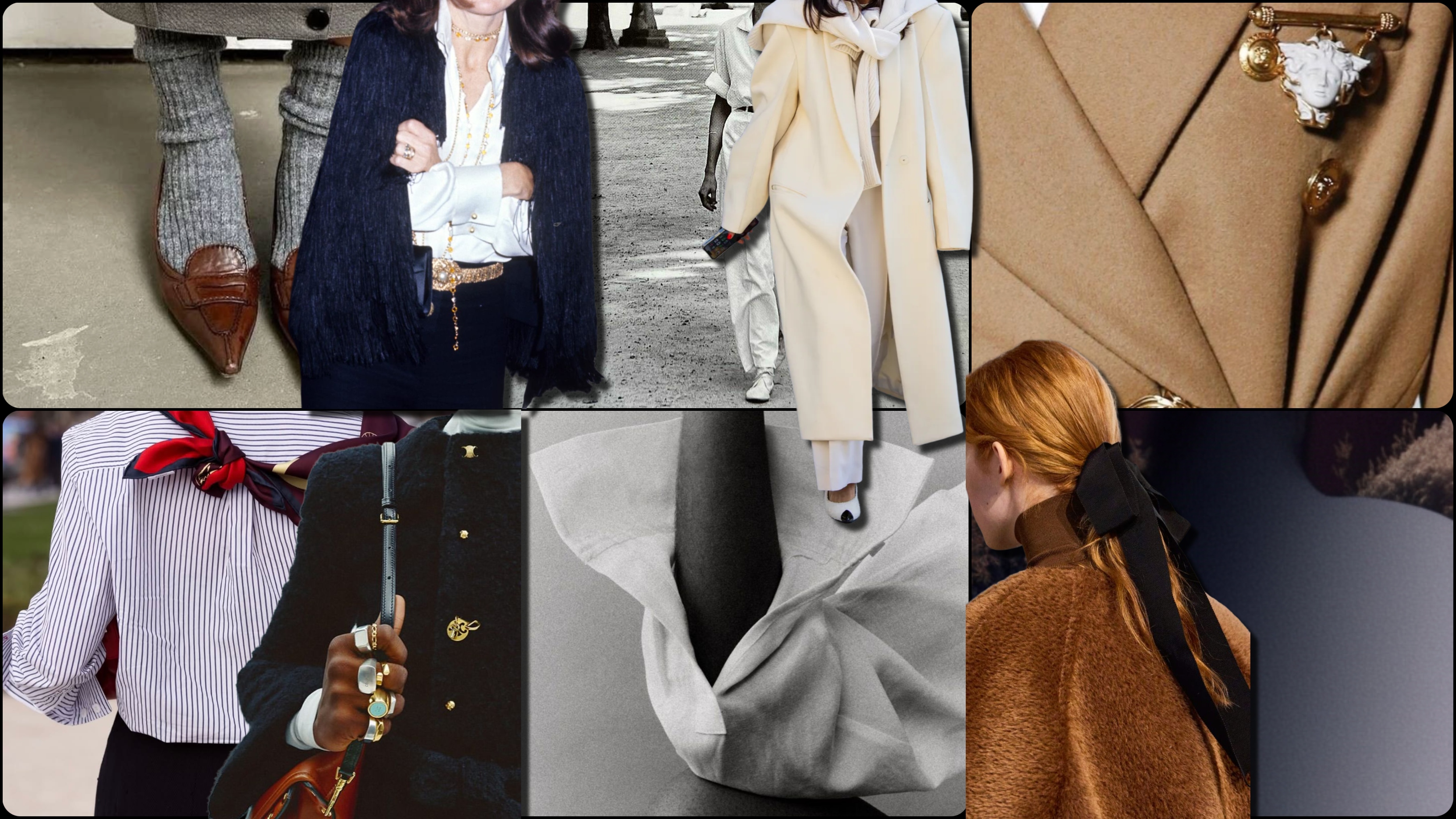 A collage of signature styling details, including socks with loafers, layered jewelry, a scarf tied at the neck, a sweater draped over the shoulders.