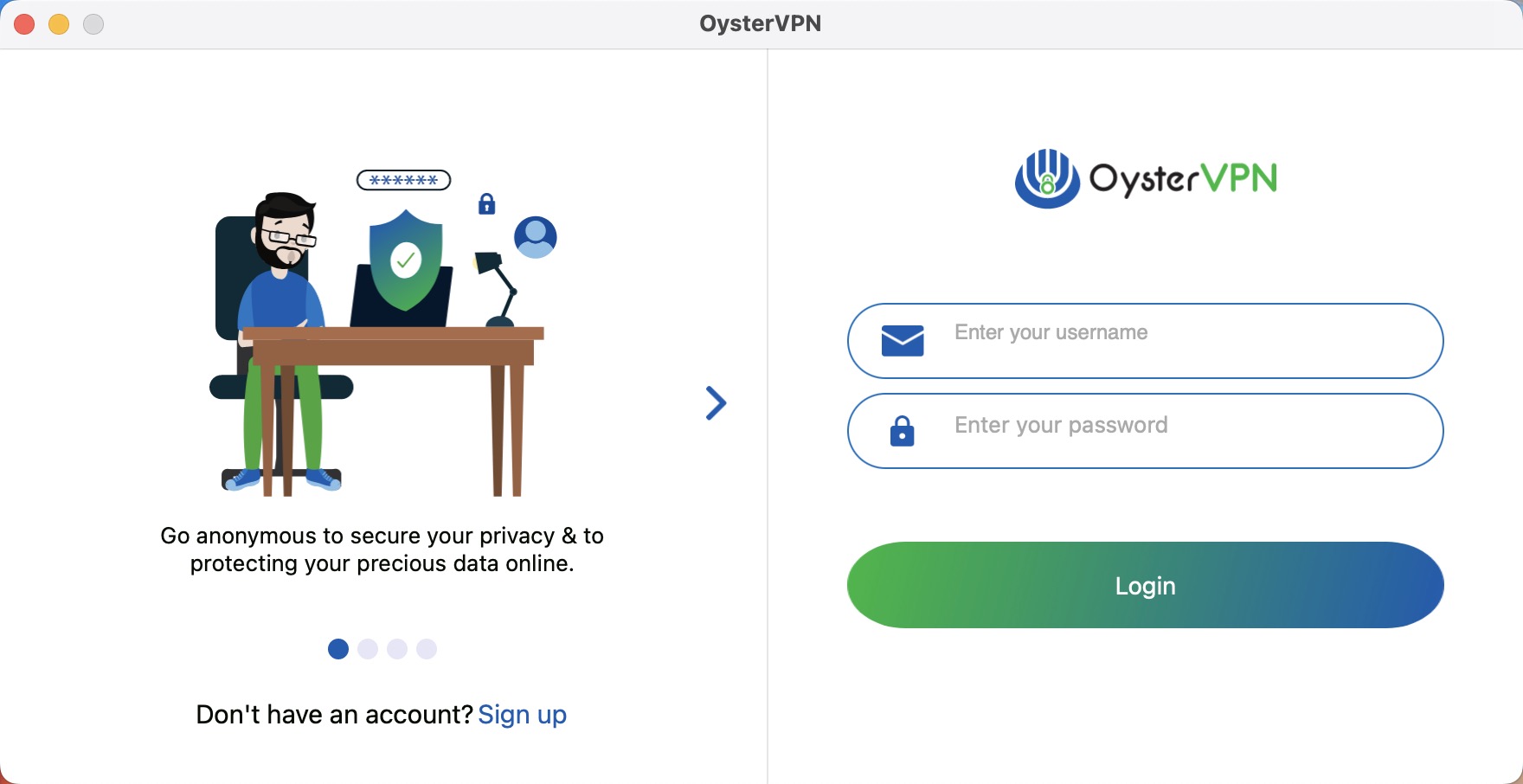 OysterVPN log in screen