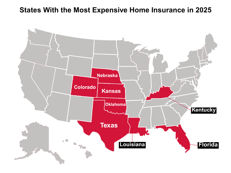 US map of states with the most expensive home insurance highlighted.